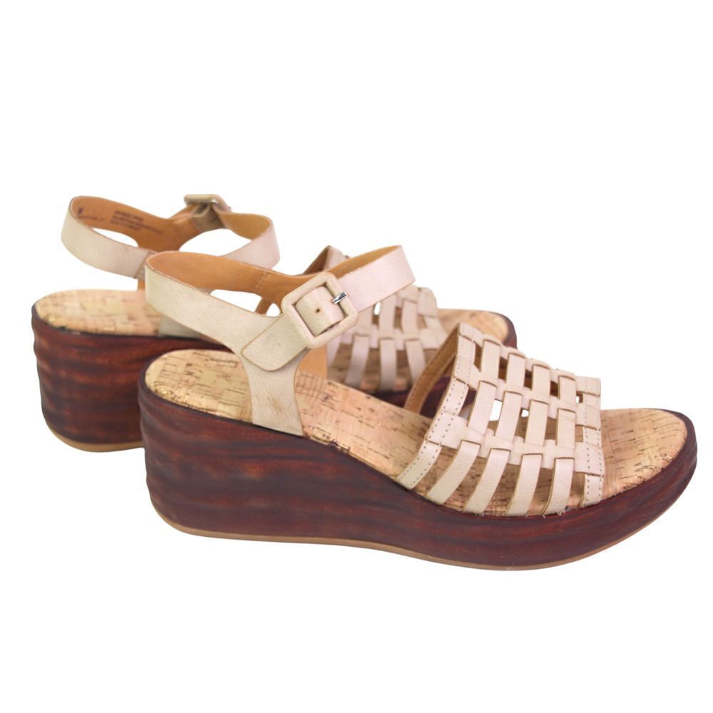 Korks WOVEN BEIGE FAUX LEATHER OPEN TOE WEDGE BUCKLE SLINGBACK SANDALS SHOES 8M